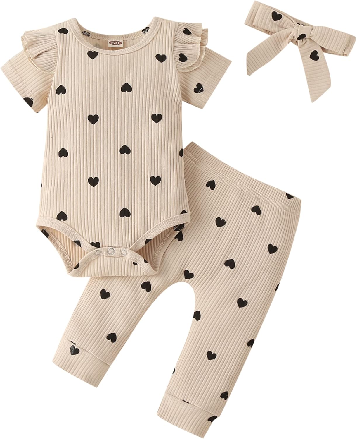 Baby Girl'S 3Pc Rib Frill Long Sleeve Romper and Pant Set