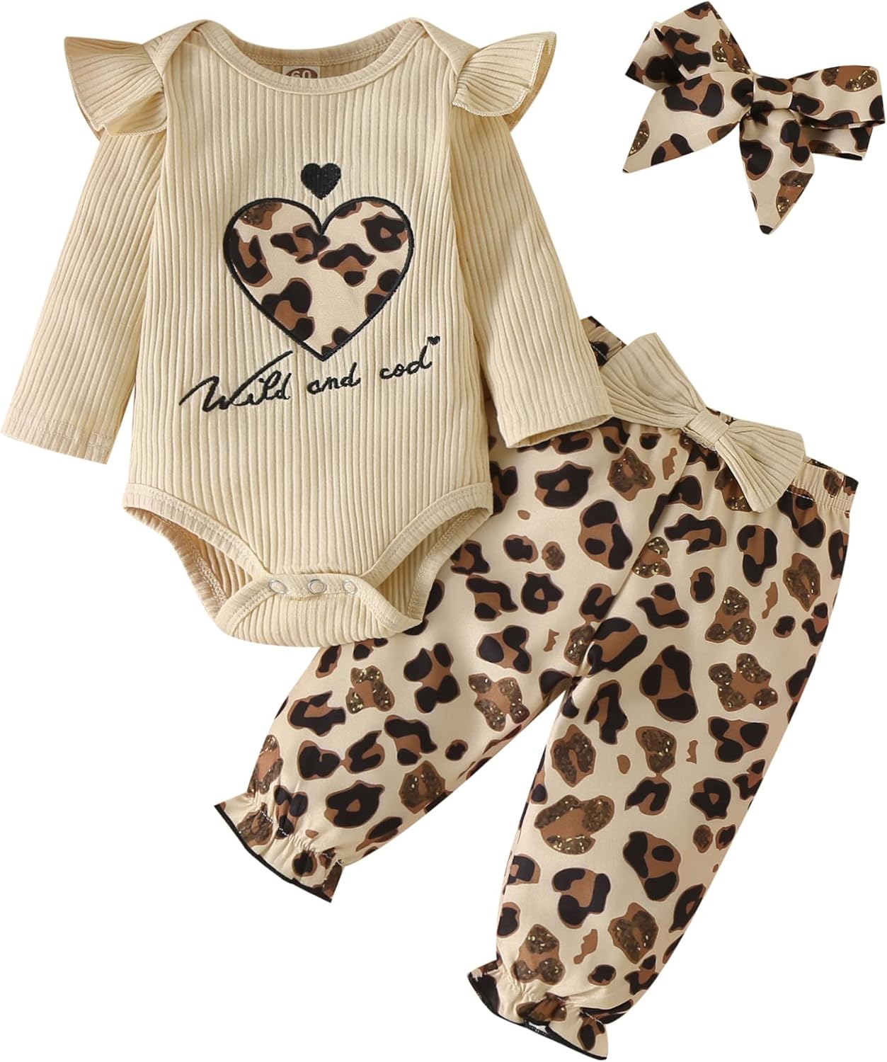 Baby Girl'S 3Pc Rib Frill Long Sleeve Romper and Pant Set