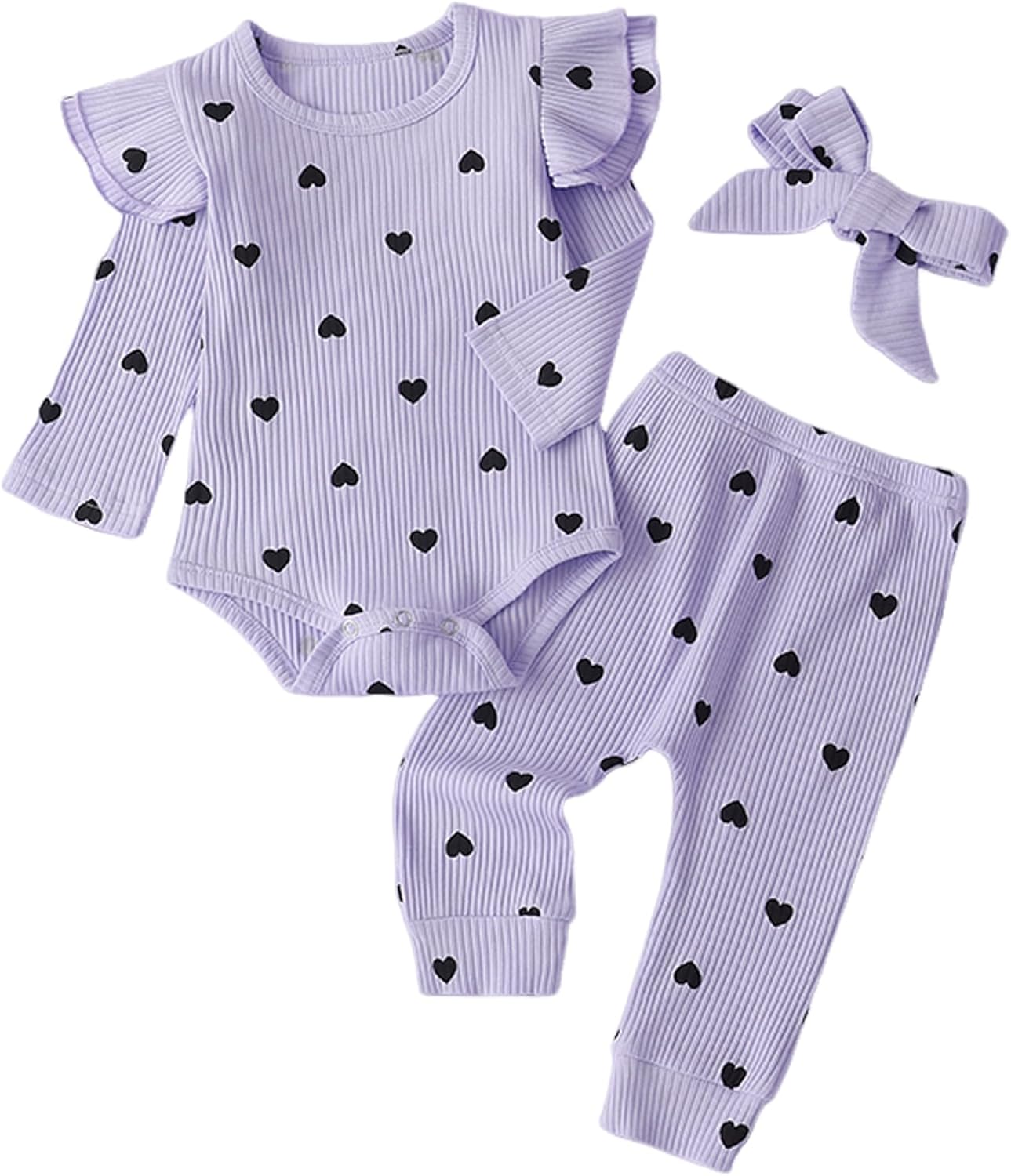 Baby Girl'S 3Pc Rib Frill Long Sleeve Romper and Pant Set