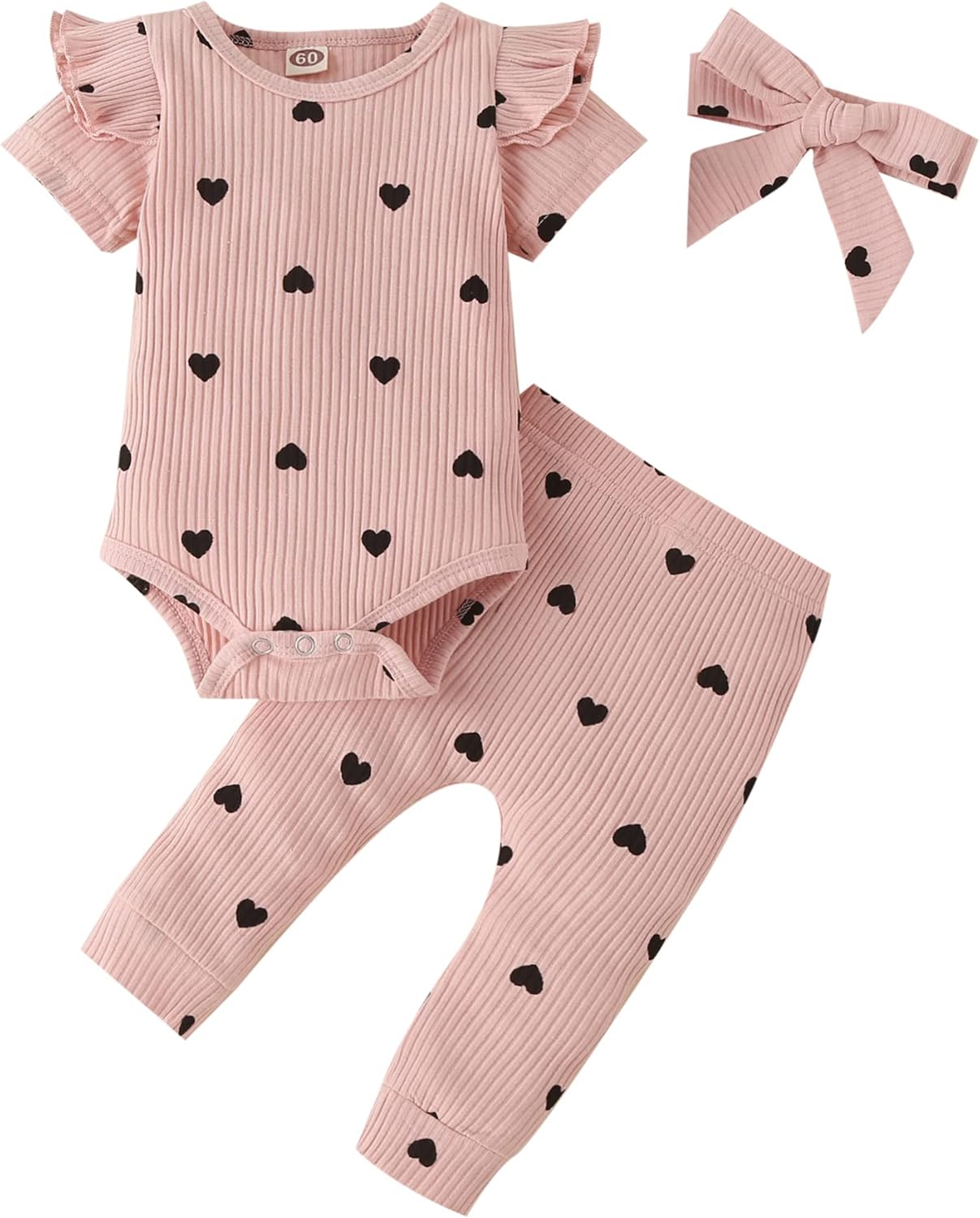 Baby Girl'S 3Pc Rib Frill Long Sleeve Romper and Pant Set