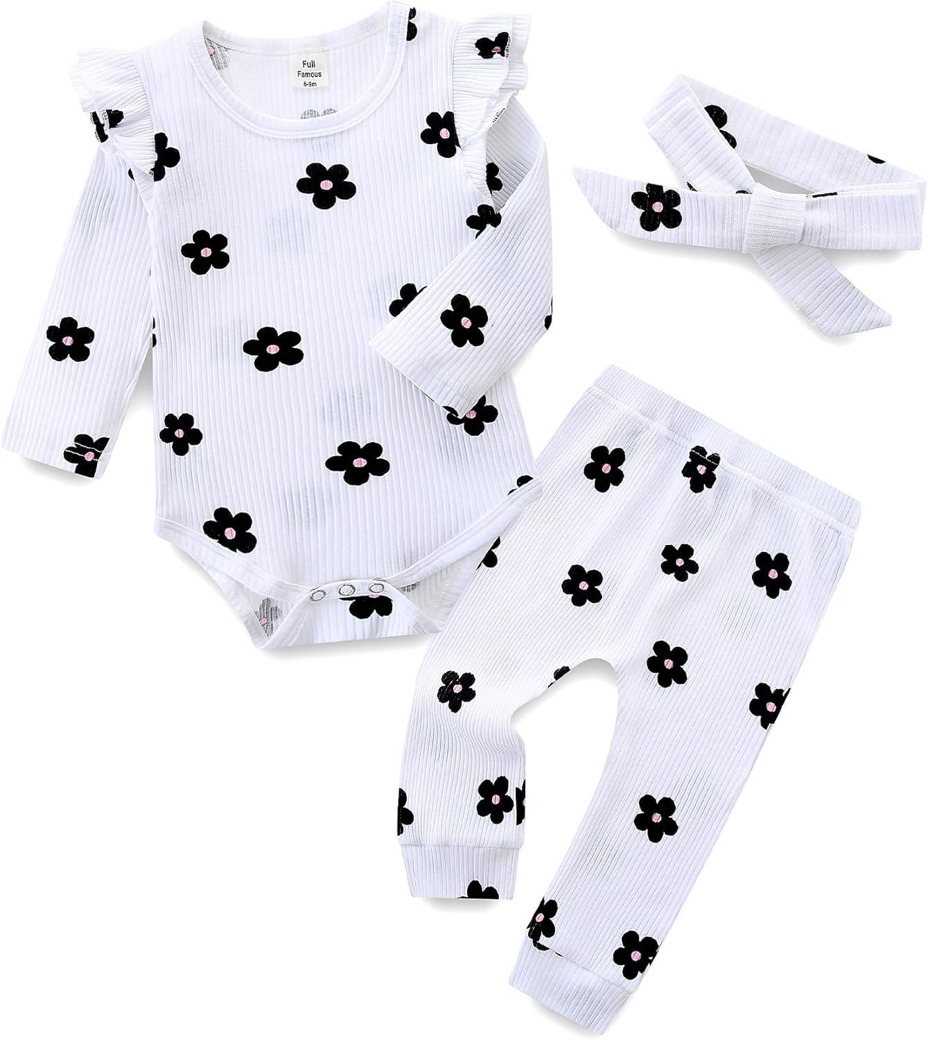 Baby Girl'S 3Pc Rib Frill Long Sleeve Romper and Pant Set