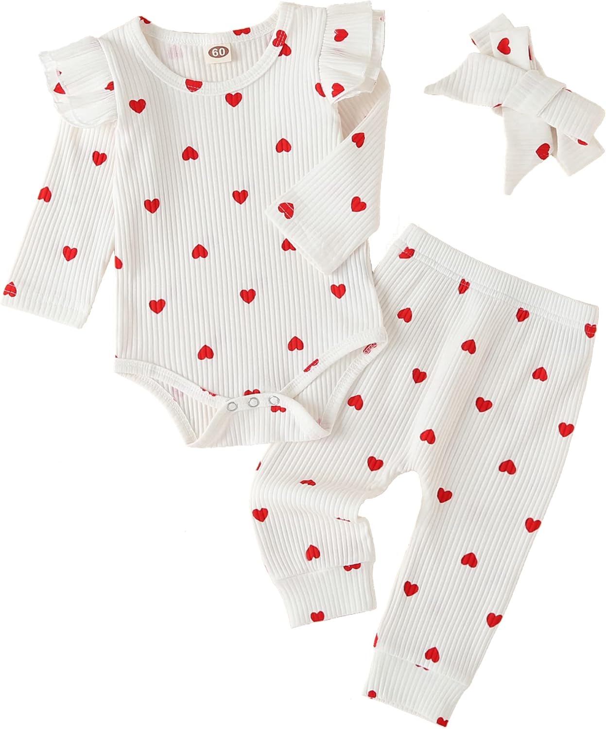 Baby Girl'S 3Pc Rib Frill Long Sleeve Romper and Pant Set