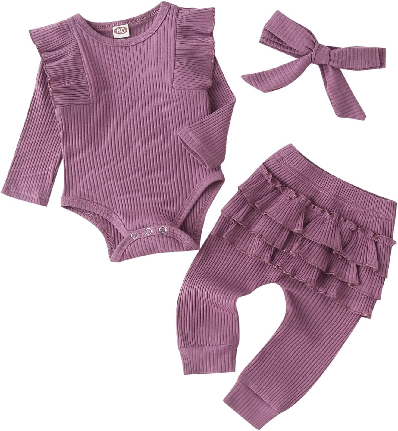 Baby Girl'S 3Pc Rib Frill Long Sleeve Romper and Pant Set