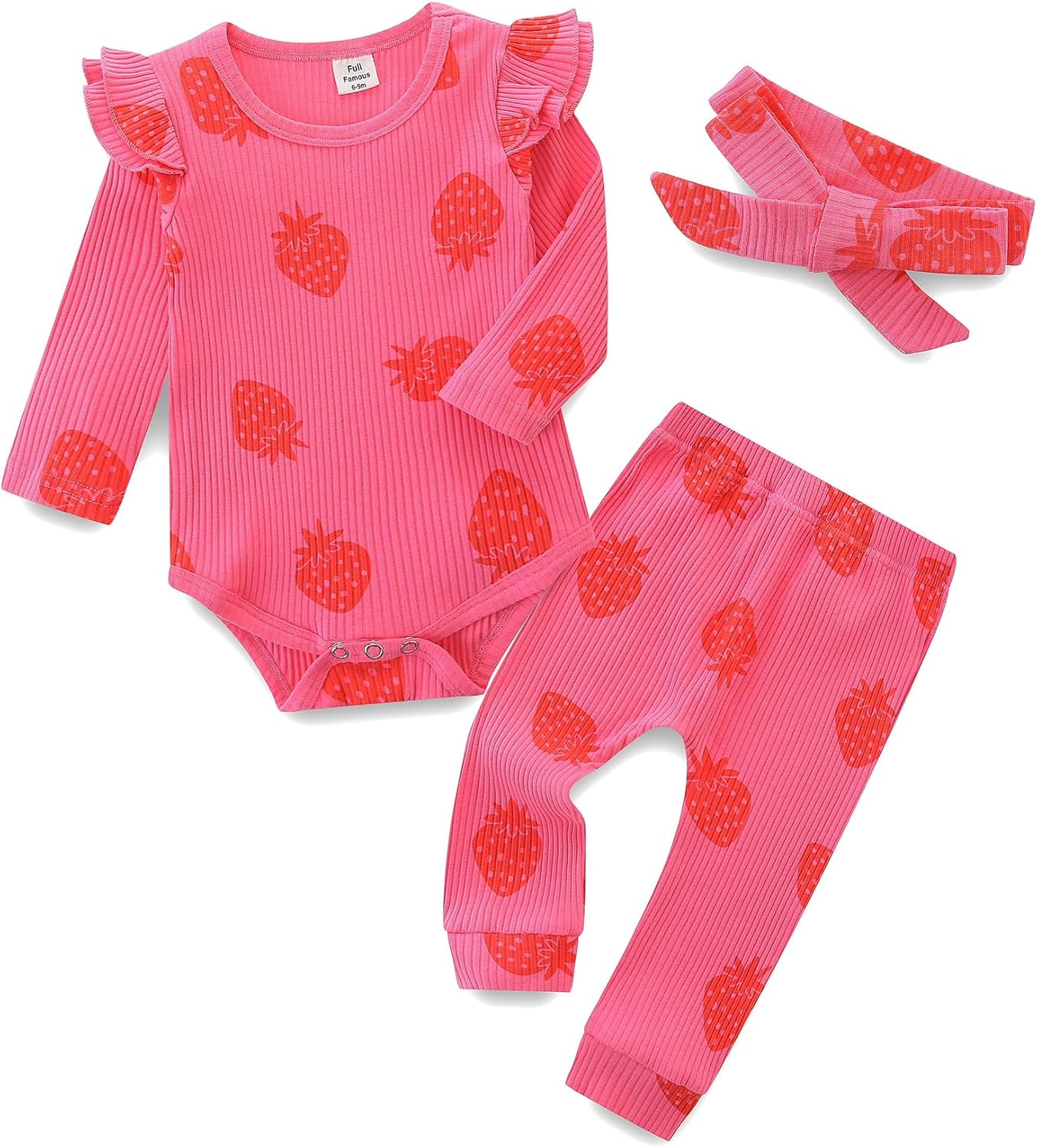 Baby Girl'S 3Pc Rib Frill Long Sleeve Romper and Pant Set