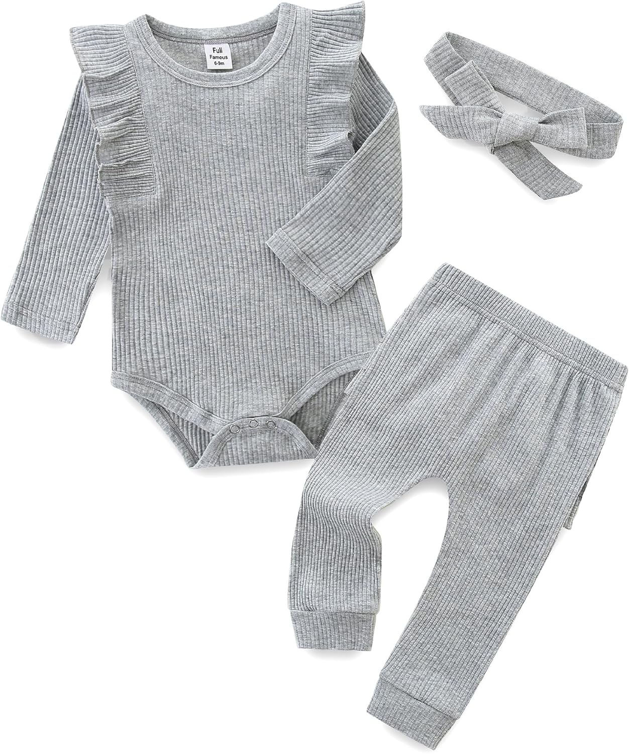 Baby Girl'S 3Pc Rib Frill Long Sleeve Romper and Pant Set