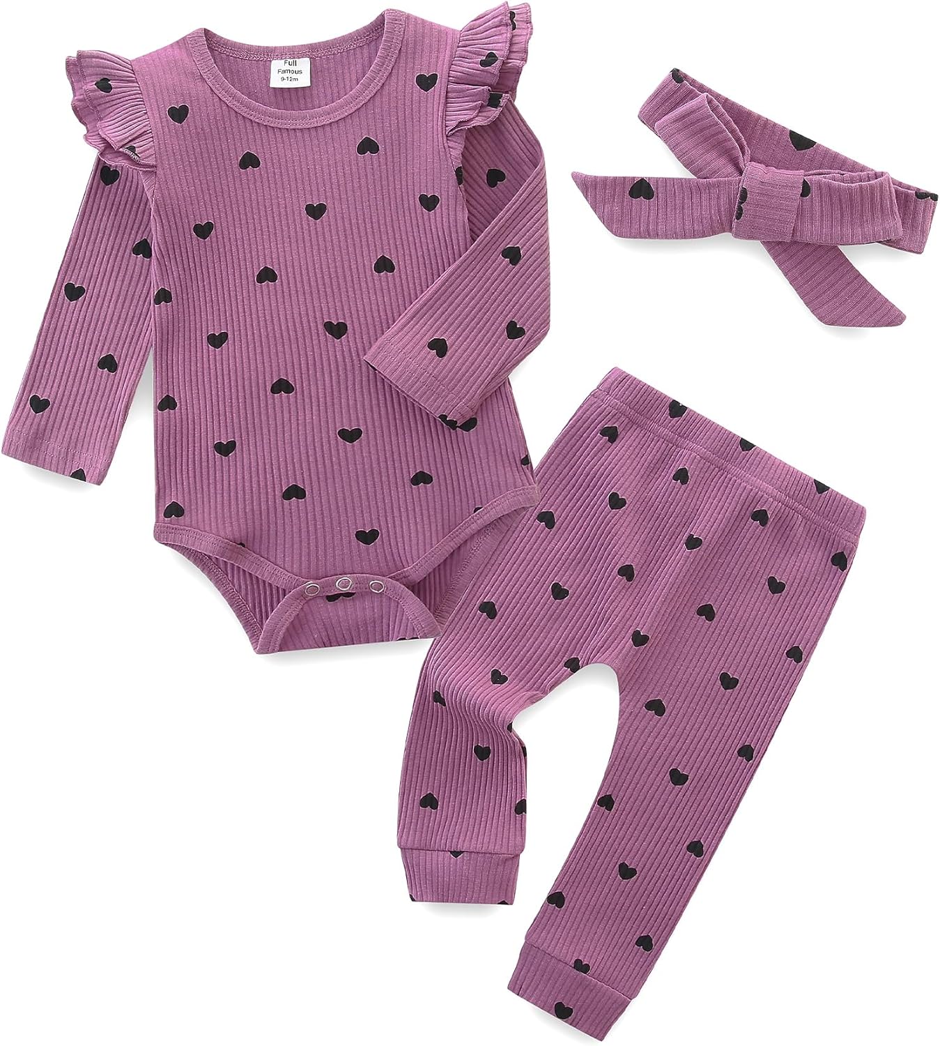 Baby Girl'S 3Pc Rib Frill Long Sleeve Romper and Pant Set