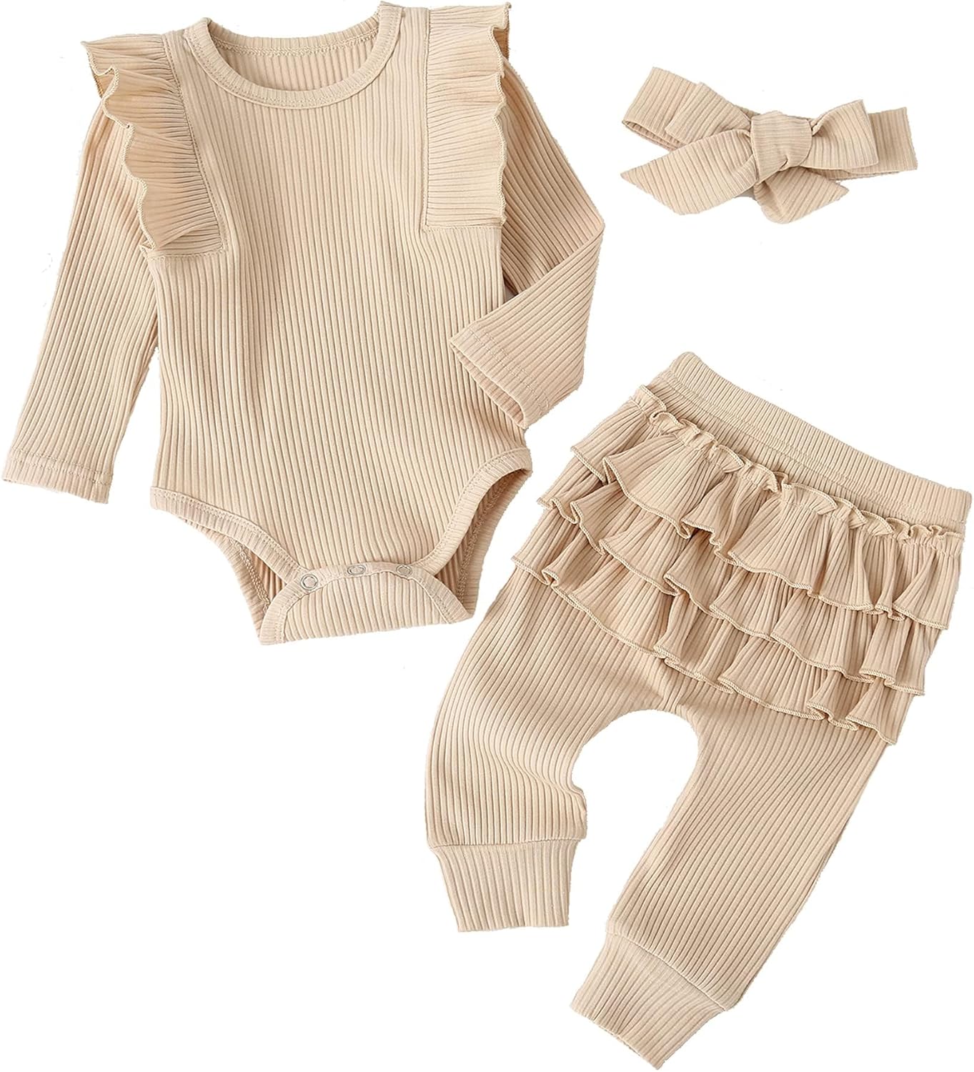Baby Girl'S 3Pc Rib Frill Long Sleeve Romper and Pant Set